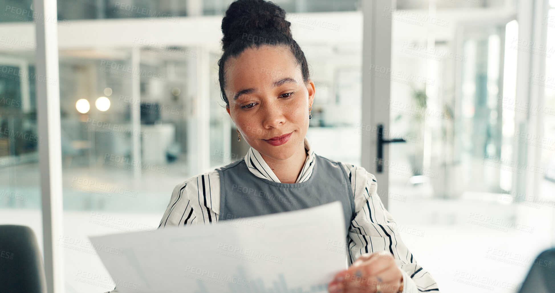 Buy stock photo Reading, document and woman in office, smile and plan for data entry with info and financial report. Corporate, accountant and person with paperwork for research, graphs and review business growth