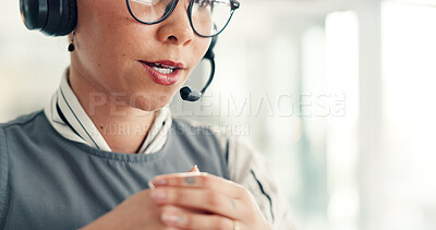 Buy stock photo Woman, mic and phone call with mouth at callcenter for communication, customer support and space. Headset, telecom and contact us with consultant for chat with client, advice or help desk mockup