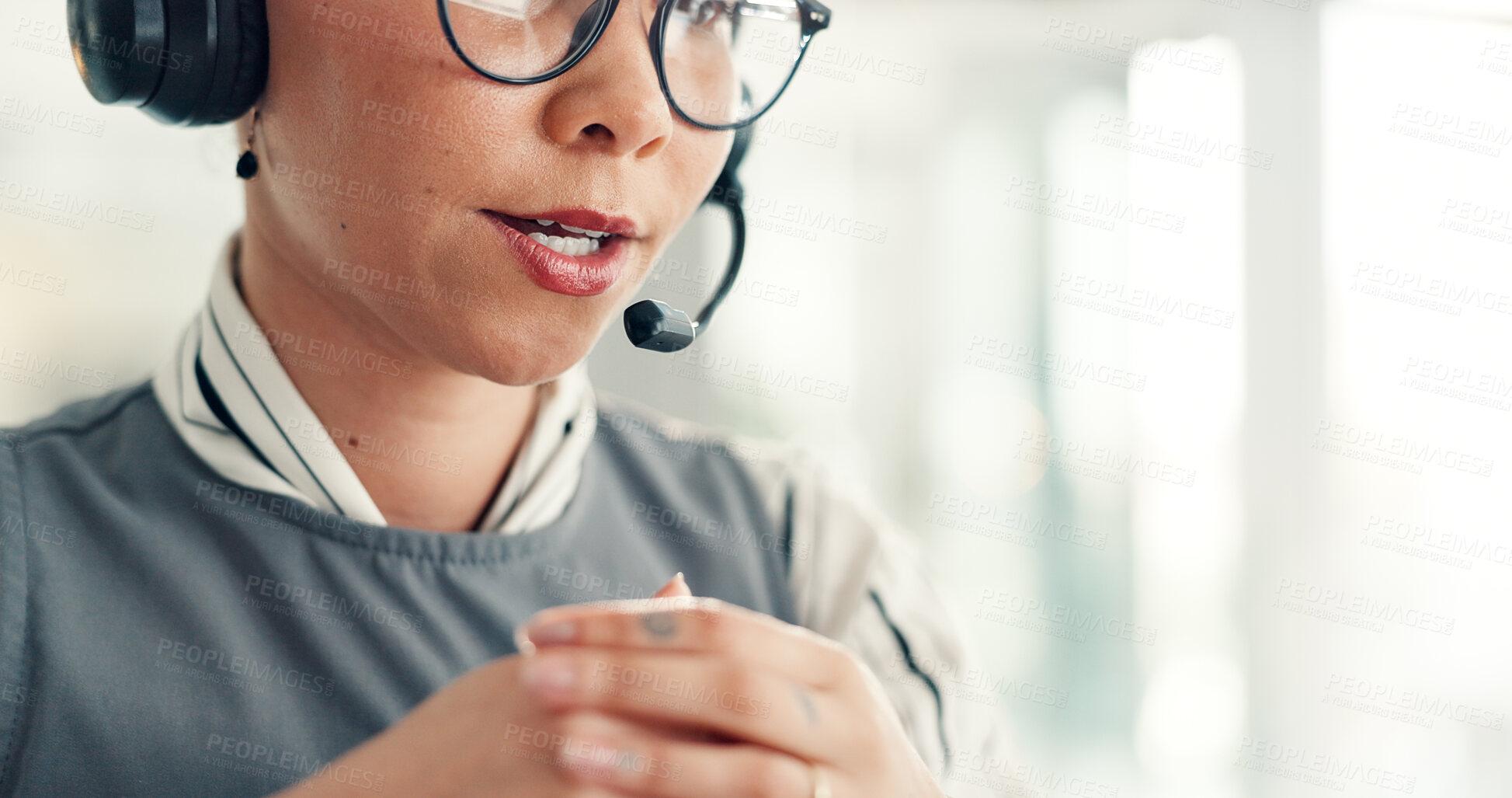Buy stock photo Woman, mic and phone call with mouth at callcenter for communication, customer support and space. Headset, telecom and contact us with consultant for chat with client, advice or help desk mockup
