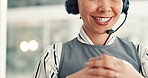 Headset, woman and call center agent in office with crm, communication or contact us. Talking, mic and mouth of female technical support consultant with online consultation for customer service.