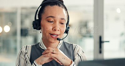 Buy stock photo Conversation, listening or woman with headset in office for client support, troubleshooting or customer service. Call center, problem solving or it specialist with tech, communication or help desk