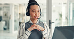 Communication, listening or woman with headset in office for client support, troubleshooting or customer service. Call center, problem solving or it specialist with tech, conversation or help desk