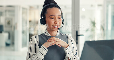 Buy stock photo Communication, listening or woman with headset in office for client support, troubleshooting or customer service. Call center, problem solving or it specialist with tech, conversation or help desk