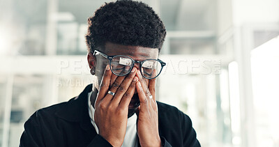 Buy stock photo Black man, stress or glasses in office with headache, creative mistake or tired. Graphic designer, specs or migraine in business with eye strain, fatigue or overexposure to blue light with reflection