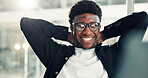 Stretching, black man and relax in office for business, complete task and success at night. Peace, calm and happy employee finish work, project productivity and rest on overtime in creative agency
