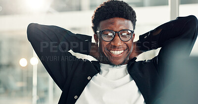 Buy stock photo Stretching, black man and relax in office for business, complete task and success at night. Peace, calm and happy employee finish work, project productivity and rest on overtime in creative agency