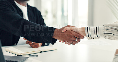 Buy stock photo Shaking hands, deal and interview with hiring at office, success or thanks for agreement at company. Person, HR manager and employee with handshake for onboarding, contract and recruitment at agency