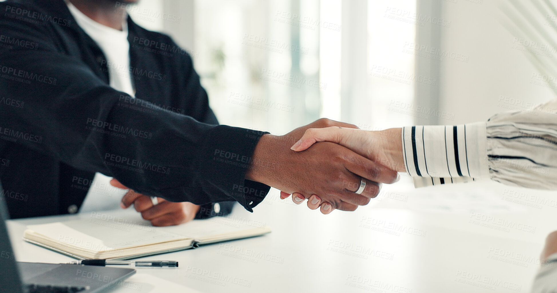 Buy stock photo Shaking hands, deal and interview with hiring at office, success or thanks for agreement at company. Person, HR manager and employee with handshake for onboarding, contract and recruitment at agency