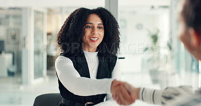 Buy stock photo Woman, handshake and interview with deal at office, success or happy for agreement at company. Person, HR manager and thanks with shaking hands for onboarding, hiring and smile at recruitment agency