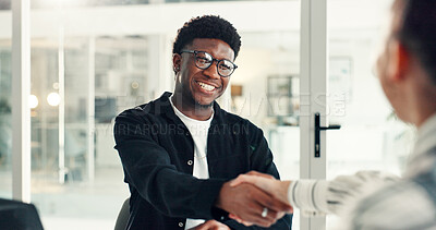 Buy stock photo Handshake, business people and interview success with hiring in office, smile and introduction for recruitment. Human resources, manager and candidate shaking hands for meeting, thanks and onboarding