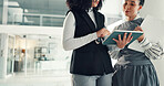 Tablet, feedback and business women in office with collaboration for creative project at agency. Teamwork, advice and female magazine editors with online article, publishing or proposal in workplace