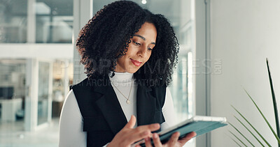 Buy stock photo Reading, tablet and business woman in office for proofreading report, article and website review. Journalist, publisher and person with tech for creative, editing and story for digital magazine