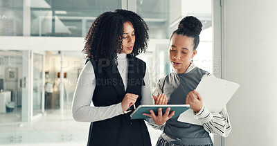 Buy stock photo Tablet, business women and discussion in office for policy development, proposal or agenda. Technology, team meeting or planning with consultant for project, compliance review or checklist in company