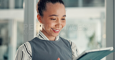 Buy stock photo Tablet, happy and businesswoman in office for research on creative project at startup company. Smile, digital technology and female magazine editor with online article for publishing in workplace.