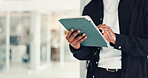 Tablet, professional and hands of businessman in office with email, communication or contact. Digital technology, research and male creative director with online article for publishing in workplace.