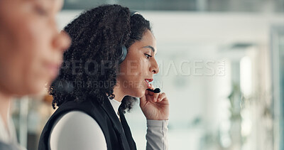 Buy stock photo Woman, mic or call center agent for communication, contact us or customer service in coworking space. Headset, telecom and female consultant in office for conversation, advice or support at help desk