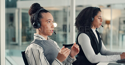 Buy stock photo Woman, phone call and agent at callcenter for communication, customer support and coworking. Headset, telecom and female consultant with colleague in office for chat with client, advice or help desk
