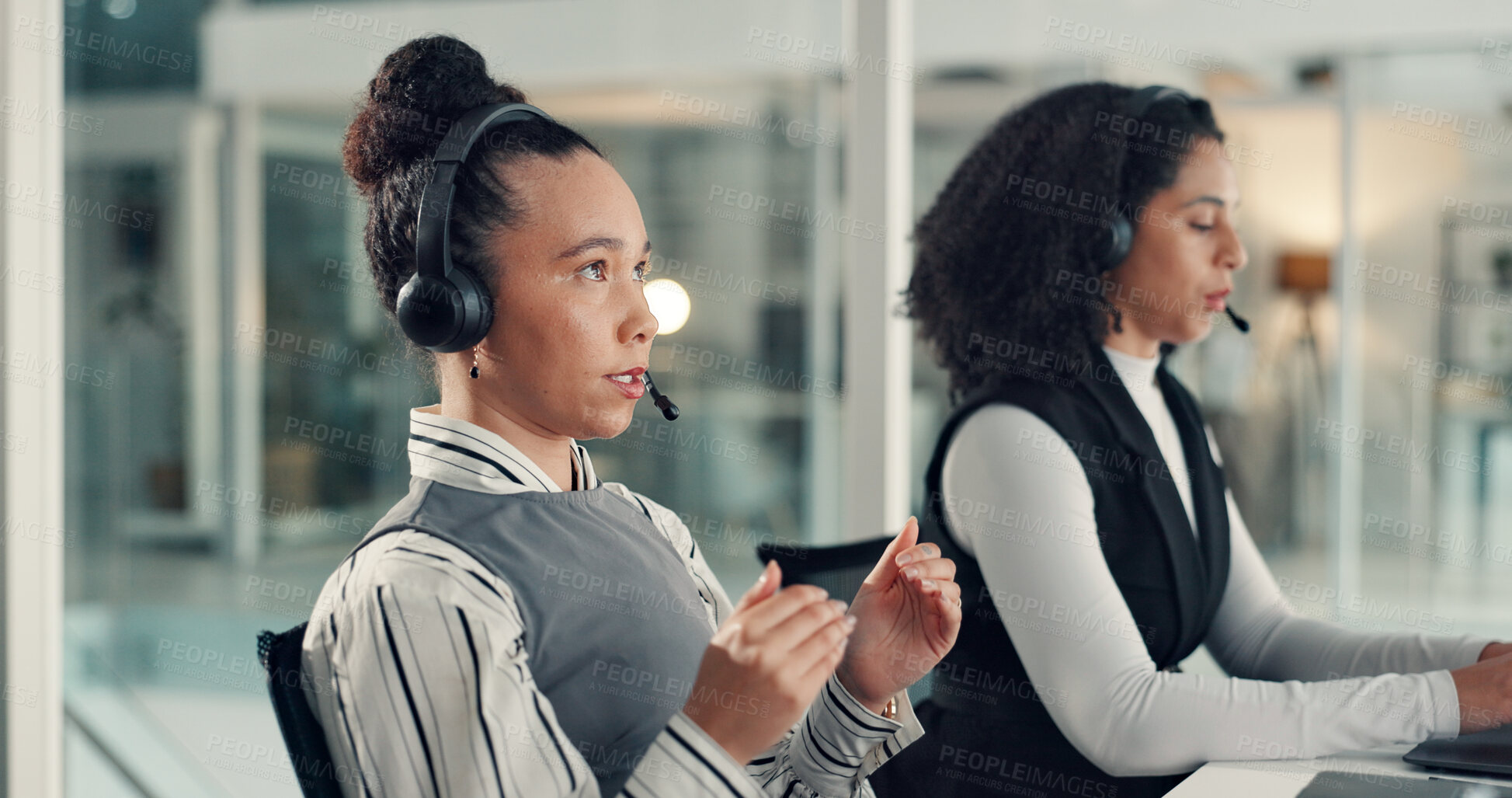 Buy stock photo Woman, phone call and agent at callcenter for communication, customer support and coworking. Headset, telecom and female consultant with colleague in office for chat with client, advice or help desk