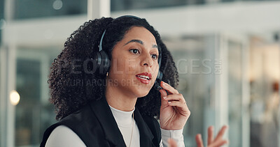 Buy stock photo Call center, consultant and woman with headset, talk or discussion with contact for lead generation. Night, telemarketer and person with mic for communication, conversation and consultation for sales