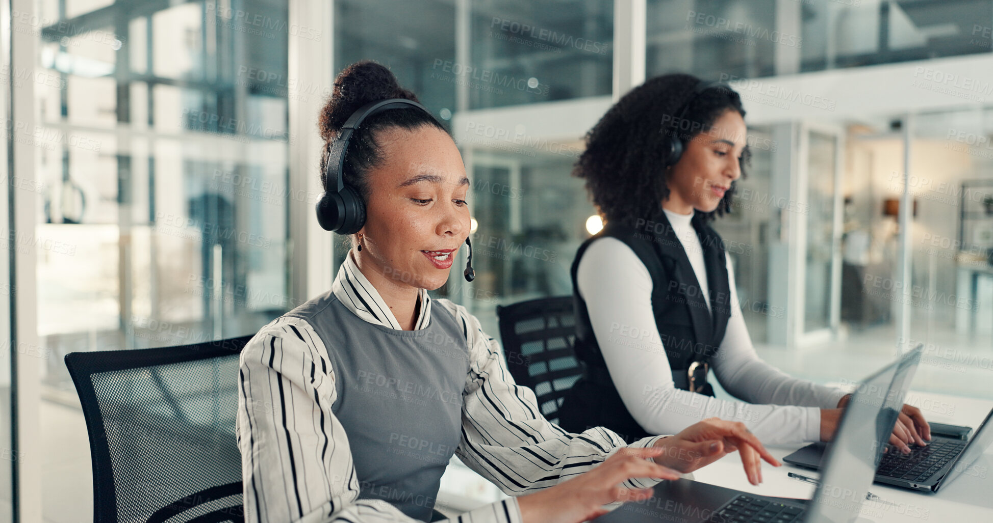 Buy stock photo Woman, phone call and laptop at callcenter for communication, customer support and coworking. Headset, telecom and agent with colleague and tech in office for chat with client, advice or help desk