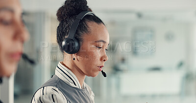 Buy stock photo Woman, headset and call center agent for communication, contact us or customer service in coworking space. Telecom, female consultant and conversation in office for advice or support at help desk