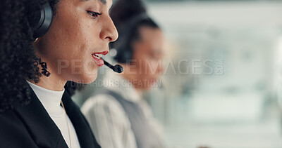 Buy stock photo Woman, microphone or call center for communication, contact us or customer service in coworking space. Headset, telecom and agent in office for conversation, advice or support at help desk mockup