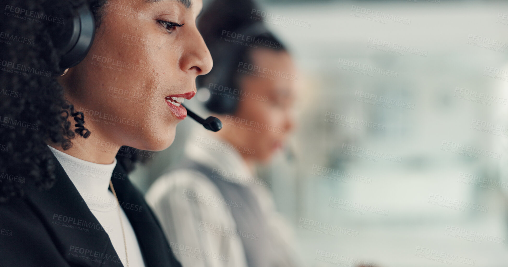 Buy stock photo Woman, microphone or call center for communication, contact us or customer service in coworking space. Headset, telecom and agent in office for conversation, advice or support at help desk mockup