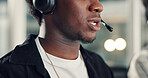 Customer service, call center and mouth of man with headset for advice, online help and consulting. Communication, business and person talking for contact, crm support or virtual assistance in office