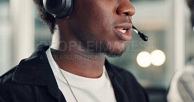 Buy stock photo Customer service, call center and mouth of man with headset for advice, online help and consulting. Communication, business and person talking for contact, crm support or virtual assistance in office