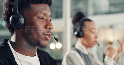Buy stock photo Customer service, call center and business people with headset in office for advice, online help and consulting. Communication, coworking and workers for contact, crm support and virtual assistance