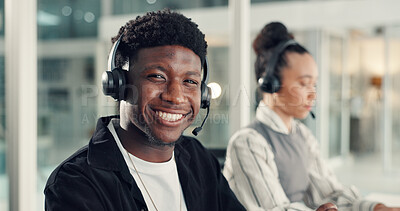 Buy stock photo Customer service, call center and portrait of man in office for advice, online help and consulting. Communication, professional and person with headset for contact, crm support and virtual assistance