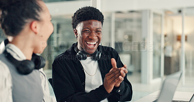 Buy stock photo Team, applause and people with laptop, office or celebration for project, success and video editing. Creative, man and excited with woman, laugh and clapping with smile for positive feedback on web