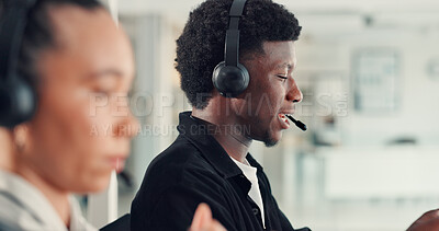 Buy stock photo Customer service, call center and people with headset in office for advice, online help and consulting. Communication, coworking and man talking for contact, crm support and virtual assistance