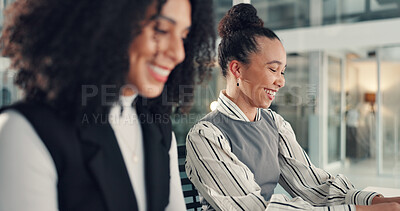 Buy stock photo Smile, feedback and business women in office with collaboration for creative project at agency. Teamwork, research and female magazine editors with online article, publishing or proposal in workplace