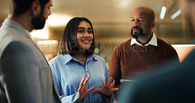 Buy stock photo Business, woman and meeting with staff in office for discussion planning and finance briefing. Smile, people and listen to financial pitch, accounting team and audit feedback for investment proposal