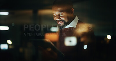 Buy stock photo Night, smile and tablet with business black man in office for planning, research or schedule. App, development and glass with happy mature employee in corporate workplace for agenda or review