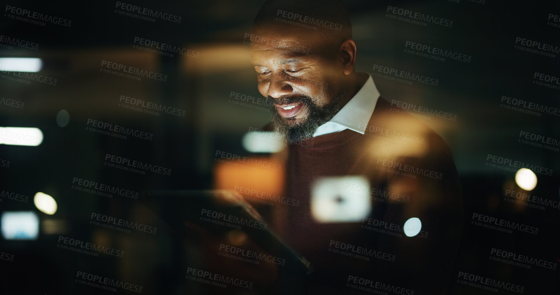 Buy stock photo Night, smile and tablet with business black man in office for planning, research or schedule. App, development and glass with happy mature employee in corporate workplace for agenda or review