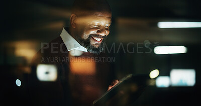 Buy stock photo Night, smile and tablet with corporate black man in office for planning, research or schedule. App, business and glass with happy mature employee in workplace for agenda, development or review