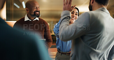 Buy stock photo High five, meeting and smile with business people in office at night for feedback success. Tablet, celebration and congratulations with employee team for work goals, collaboration or partnership