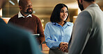 Handshake, meeting and smile with business people in office at night for feedback success. Tablet, shaking hands and welcome with employee team for work goals, collaboration or partnership strategy