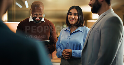 Buy stock photo Business, woman and meeting with team in office at night, planning and finance briefing. Smile, people and listening to pitch, accounting staff and audit feedback for investment proposal for deadline