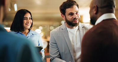 Buy stock photo Business, people and meeting with group in office for introduction, planning and finance briefing. Smile, staff and greeting for discussion, accounting team and audit feedback for investment proposal