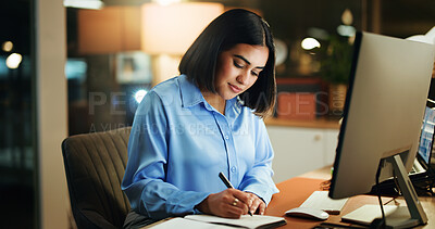 Buy stock photo Night, woman and writing in office with laptop, corporate and audit for financial report. Happy, accountant and tech in company with computer, smile and productivity for business income tax. 