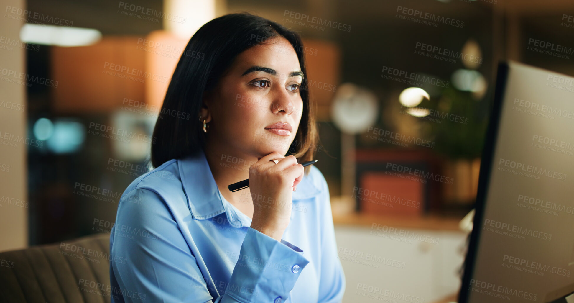 Buy stock photo Night, thinking and business woman on computer for planning, insight or compliance decision. Overtime, technology and consultant in office for problem solving, idea or reading for policy development