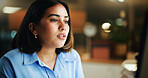 Reading, woman and computer in office at night with editing process, publication deadline or upload. Space, bokeh or journalist with tech at publishing agency for article, blog submission or overtime