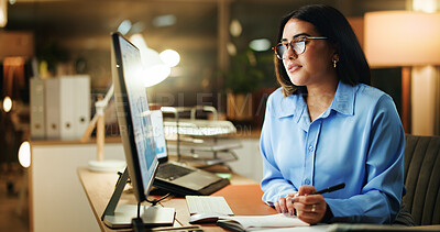 Buy stock photo Writing, night and woman in office with desktop, note taking or problem solve in company analysis. Productivity, graph and data analyst in workplace with tech, solution strategy or info in overtime