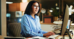 Night, typing and business woman with computer for stock market analysis, chart and financial review. Tech, deadline and serious broker in office for trading, investment forecast and reading metrics