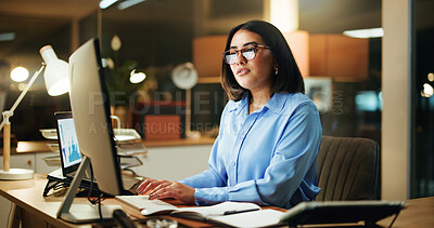 Buy stock photo Deadline, typing and business woman with computer for stock market analysis, chart or finance. Desktop, night and serious broker in office for trading review, investment forecast or portfolio stats