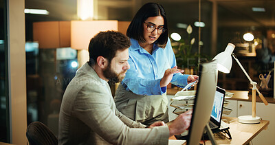 Buy stock photo Business, night and people with charts, laptop and teamwork with conversation, profit growth and audit. Evening, man and woman in office, computer and graphs for stock market investment and increase