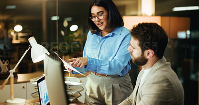 Buy stock photo Business, night and people with charts, documents and teamwork with laptop, profit growth and audit. Evening, man and woman in office, pc and graphs for stock market investment and financial planning